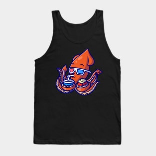 Cute Squid Watching Movie With Popcorn And Drink Cartoon Tank Top